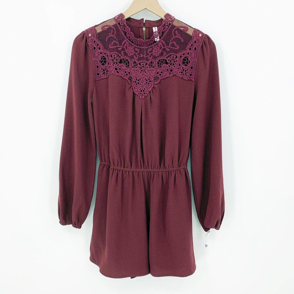 Xhilaration‎ Romper Lace Yoke Long Sleeve Boho Burgundy M Festival Coquette
